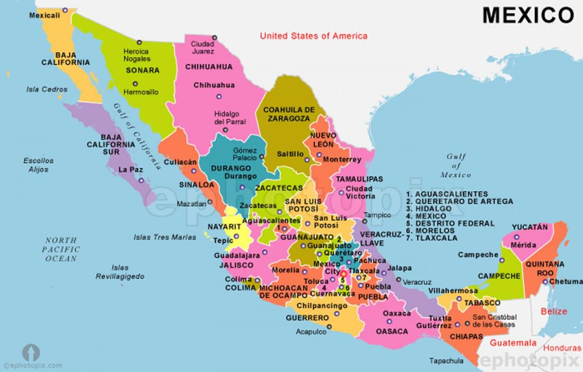 Мексик газрын зураг нь улс, нийслэлүүд